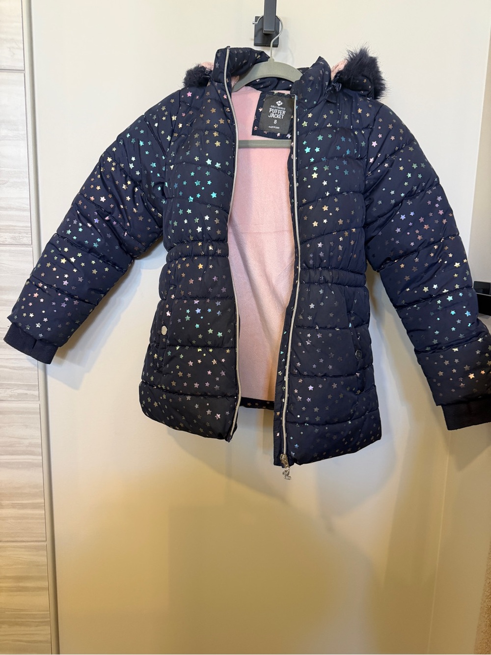 Girls Navy Star Print Puffer Jacket with Faux Fur Hood size 8